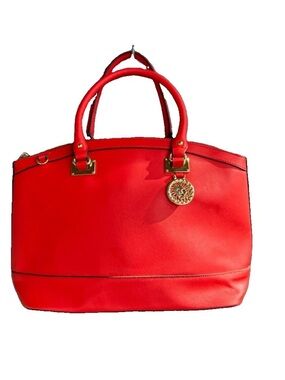Anne Klein New Recruits Dome Satchel Red Faux Leather Handbag Lion Charm Purse
